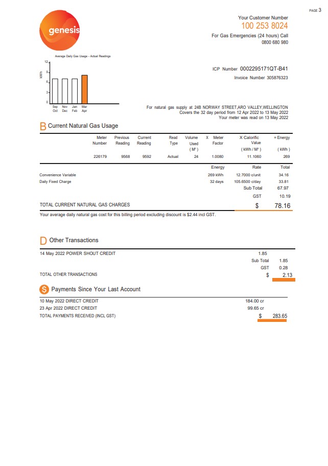 New Zealand Genesis Gas utility bill template in Word and PDF format, 3 pages 2